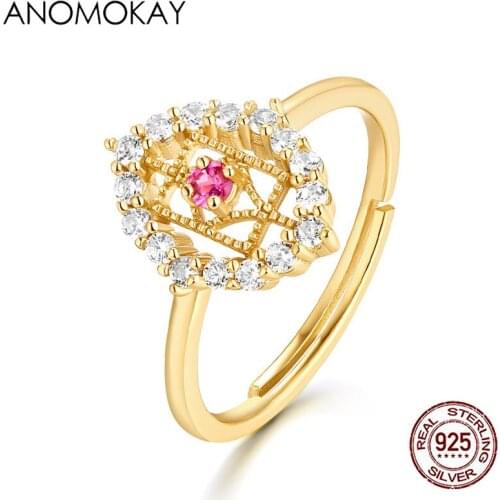 Anomokay Romantic Hollow Oval Gold Color Rings with Rose Red CZ for Women Mom Lover 925 Sterling Silver Resizable Ring Jewelry