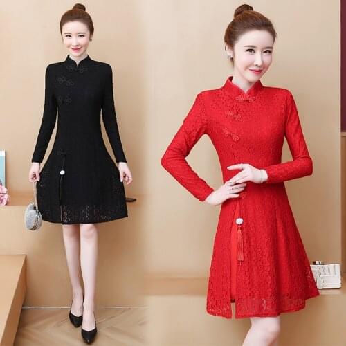 Cheongsam Improved Elegant Lace Dress Autumn and Winter Long Sleeve Large Size Chinese Style Red Black Young Women Retro Dress
