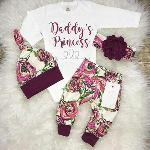 2020 Fall Winter 3PCS Newborn Baby Girls Clothes Set Flower Letter Printed Bodysuit+Pants Leggings+Hat Outfits Clothing
