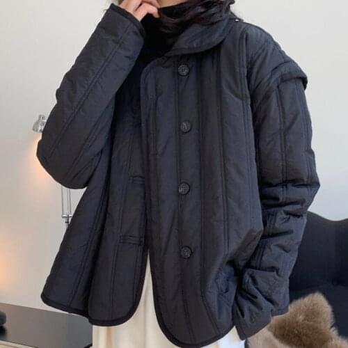 2020 Winter Thickened Minimalist turn down Collar Long-sleeved Women Loos Jackets Solid Color Cotton Padded Clothes C598