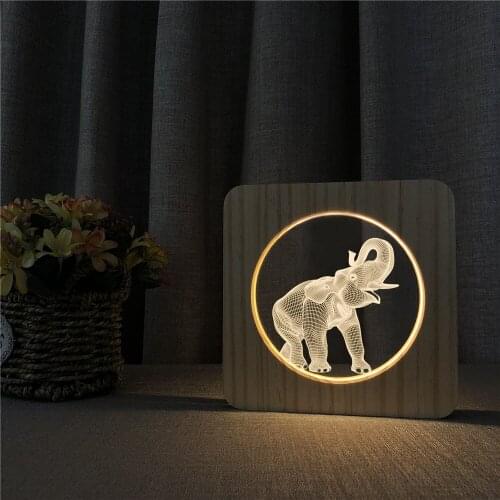 Elephant Animal 3D LED Arylic Wooden Night Lamp Table Light Switch Control Carving Lamp for Childrens Room Decorate