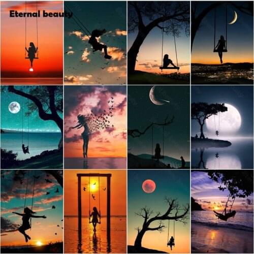 5D Diy Diamond Painting Girl Swinging In The Sunset Diamond Mosaic Scenery Wall Art Full Diamond Embroidery Sale Home Decoration
