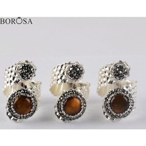 BOROSA Fashion Tiger Eye Silver Plated Adjustable Ring Cubic Zirconia Ring Handmade Rhinestone Ring Jewelry JAB979