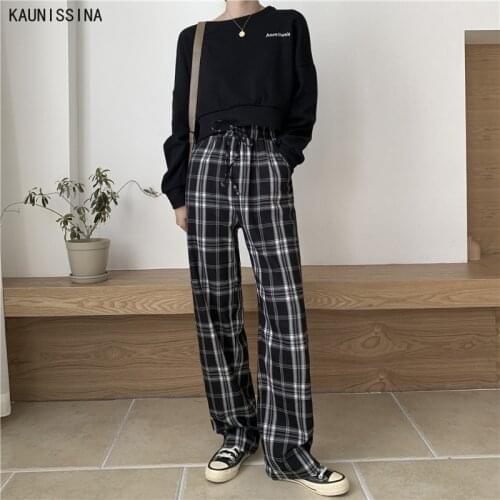 Plaid Women Pants Elastic Waist Wide Leg Pants High Waist Trousers Plus Size Straight Streetwear Ladies Sweatpant