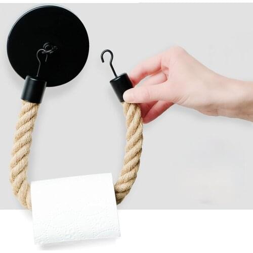 Black Spray Paint Matte Hook Hemp Rope Paper Towel Holder Kitchen Bedroom Wall Hanging Paper Roll Holder