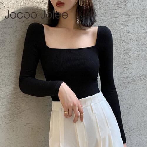 Jocoo Jolee Autumn Long Sleeve Square Collar Knitting Pullovers Sexy Skinny Black Sweaters Korean Style Harajuku Jumpers New