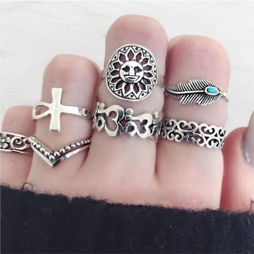 Abdoabdo Rings For Women New Sun Seven-piece Ring Vintage Carved Cross Ring Set Tail Ring Anillos De Acero Inoxidable Para Mujer