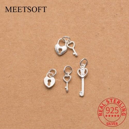 MEETSOFT 100% Sterling Silver Hollow Heart Lock And Heart Key Charms DIY Necklace Making Findings Handmade Jewelry Accessories