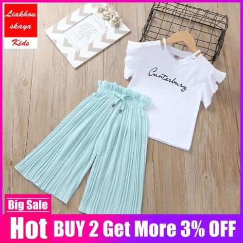 Fashion Girls Clothing Set 2019 Girls Tops Floral T-shirt+chiffon Pantsuit 2PCS Suits Children Summer Suit Girls Outfits Clothes