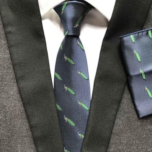 Men Luxury Silk Necktie Set with Pocket Square High Quality Woven Ties with Peacock Pattern Gravatas