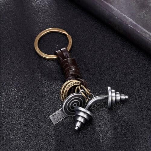 Mens gym tool dumbbell pendant trinket keychain for motorcycle car keys ring Brass metal genuine leather holder on a bag