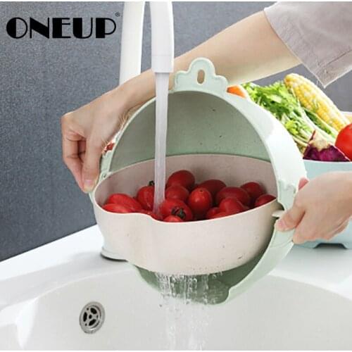 ONEUP Creative Double Wash Melon Fruit Vegetable Basket 2020 Kitchen Tool 360 ° Rotating Wheat Straw Drainer Fruit Washing Sieve