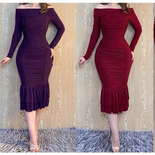 Elegant Sheath Short Long Sleeve Prom Dresses Boat Neck Pleated Tea Length Purple Robe De Soiree Red Formal Party Gown