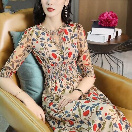 Imitate Real Silk Dresses Autumn Dress 2018 New Vintage Slim O-Neck Print Long Dress Ladys Girls Evening Party Dress