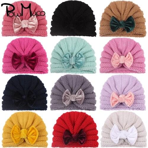 Powmuco 16*13 CM Solid Color Striped Knitted Wool Hats Soft Velvet Bowknot Baby Girls Caps Autumn and Winter Warm Infant Bonnet
