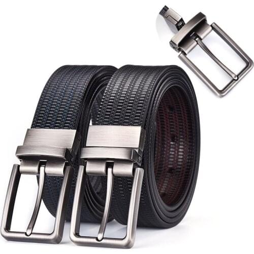 Mens Genuine Leather Reversible Belt Male Classic Rotatable Pin Buckle Double-sided Reversible Black Blue Coffee Jeans Strap