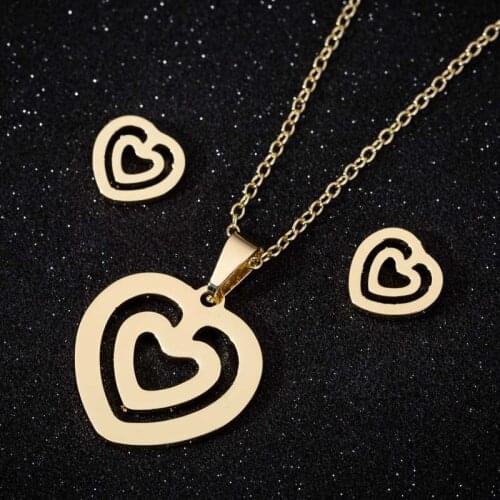 Romantic Double Heart Earrings Stainless Steel Classic Heart Necklace Pendant Personalize Jewelry Set for Women Girls