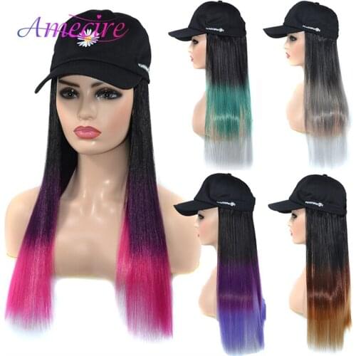 Synthetic Long Hat Wig Natural Black Straight Wigs and Hat Naturally Connect Synthetic Hat Wig Adjustable High Temperature Fiber