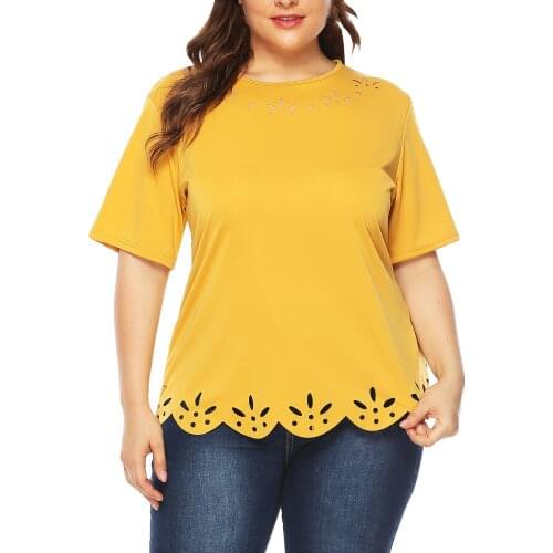 5xl Plus Size Yellow Tops And Clothes For Ladies Womens Summer Large Size Casual Hem Hollow Burnt Solid Color O-neck Shirt