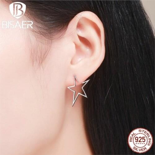 BISAER 100% 925 Sterling Silver Modern Star-light Geometric Stud Earrings for Women Wedding Sterling Silver Jewelry ECE107