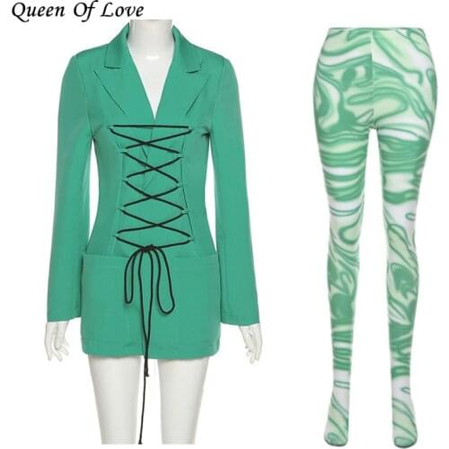 Fashion Elegant Green Lace Up Bandage Blazer Pant Outfits 2021 New Streetwear Runway 2 Piece Women Footed Leggings Matching Set
