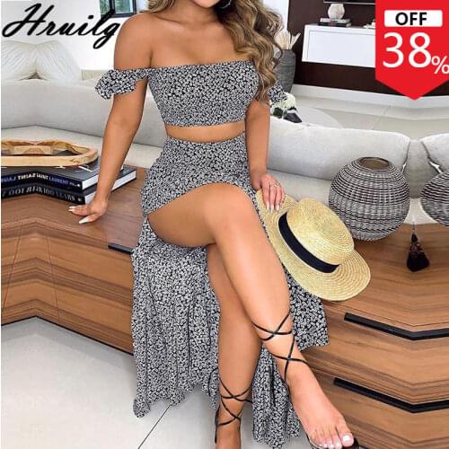 Two Piece Set Women Ditsy Floral Crop Top Slash Neck Sexy Maxi Skirt And Top Set Women Clothing Sets Summer Club Ensemble Femme