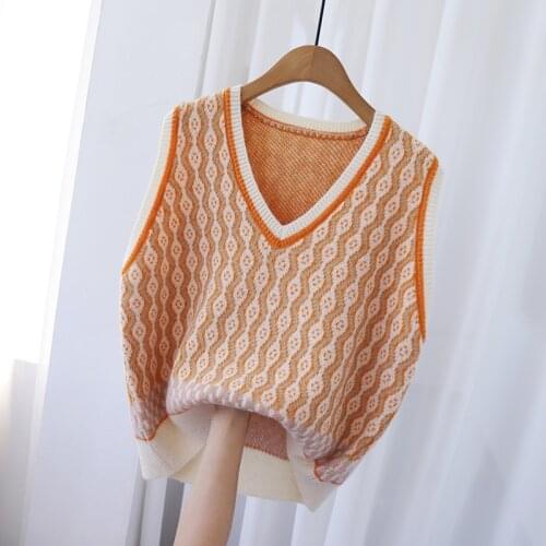 Women Sweater Vest V-neck Print Retro All-Match Knit Sleeveless Korean Loose Ladies Casual Sweaters Fashion Vintage Leisure