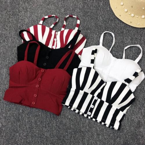 Suspender vest for women with Korean stripe, open navel, open shoulder, short top with breast pad