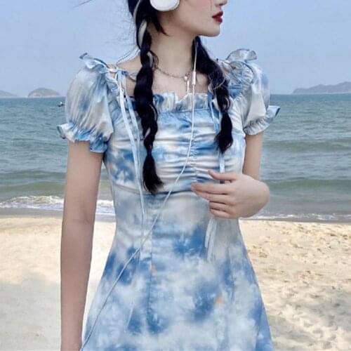 Women Dress Floral Slim Summer Ruffle Hem Pleated Bust Blue Dress Beach Holiday Dresses Female Elegant Streetwear Vestidos 2021