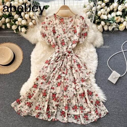 2021 Boho Women Floral Printed dress V neck Puff-Sleeve Asymmetrical Bow dresses summer Ruffles beach short dress