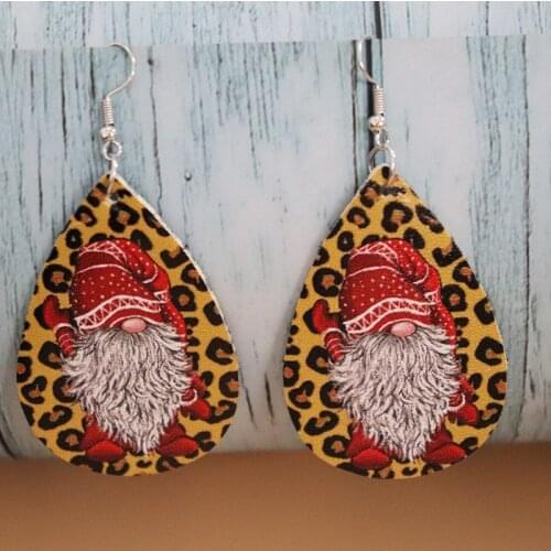 2021 New European and American Christmas Series Santa Leopard Print Leather Earrings Double-sided Printing Pu Earrings Wholesale