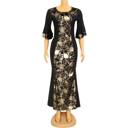 African Design Dashiki Flare Sleeve Winter Mermaid Women Dress Sequins Print Vintage O-Neck Multicolor Vestidos