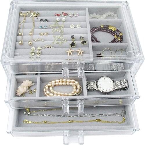 Acrylic Jewelry Box 3 Drawers Velvet Jewellery Organizer For Earrings Rings Necklaces Bracelets Display Case Valentine Day Gift