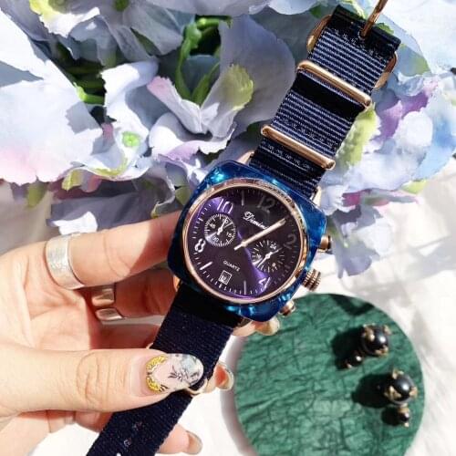 New Popular British Wind Women Neutral Watches Amber Resin Square Unisex Watch Workable Sub Dials Canvas Wrist watch Calendar