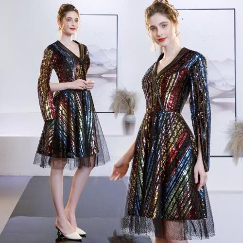 Sleeve New Sequin Split mesh elegant black dress