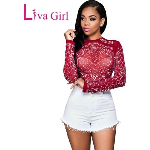 LIVA GIRL Black Sexy Rhinestone Plus Size T-Shirts Women Spring Long Sleeve Skinny Slim See Through Tops Mujer Clubwear S - XXXL
