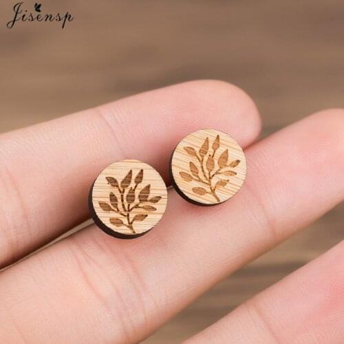 Jisensp Spring Style Tree Seedlings Wooden Earrings Fashion Jewelry for Women Girls Geometric Round Ear Studs Party Gift