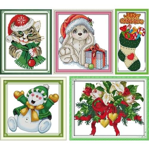 Joy Sunday Stamped Cross Stitch Kits Animal Christmas Stocking Gift 14CT 11CT Counted Hand Embroidery Needlework Accessory Sets