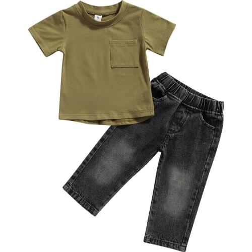 New Children Solid Color Clothes Set, Boys Short Sleeve O-neck T-shirt + Long Jeans with Pockets
