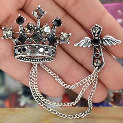 Korean British Crown Bird Brooch Cross Suit Tassel Chain Lapel Pin Angle Wings Badge Retro Female Corsage Men Accessories