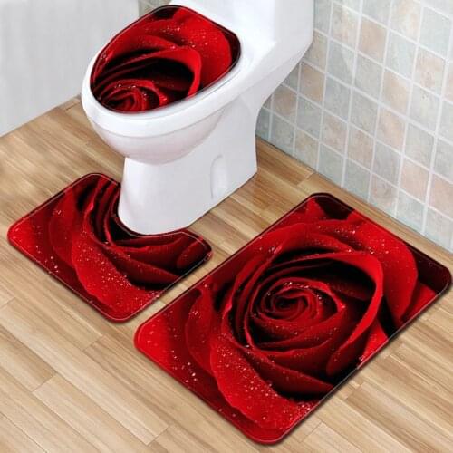 T Rose Bath Mats Valentines Day 3 Piece Bathroom Set Rug Anti Slip Carpet for Home Decor Toilet Mat 3D Dropship Bathroom Rug