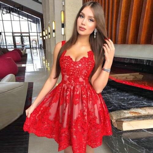 Red Spaghetti Strap Appliques Lace Mini Short Homecoming Dresses Sweetheart Sleeveless Cocktail Graduation Dress