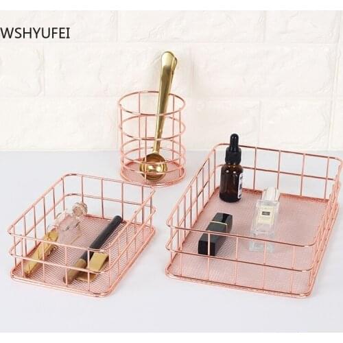 Creativity Rose Gold Rectangle Storage Basket Home Kitchen Bedroom Bathroom Pen Holder Desktop Items Ornaments Display Stand