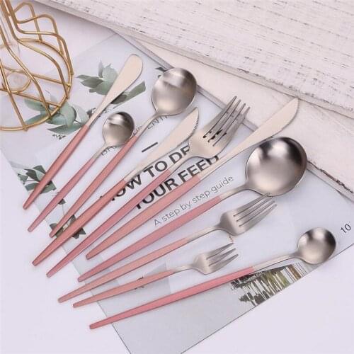 Stainless Steel Matte Cutlery Set Pink Silver Western Dinnerware Set Fork Knife Spoon Tableware Set Kitchen Flatware Silverware