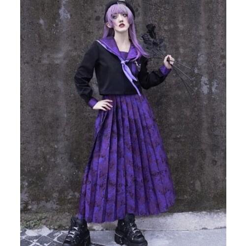 Ruibbit New Arrival Woman Japanese Harajuku Purple Pleated Long Skirts Gothic Lolita JK Student School Uniform Cosplay Costume