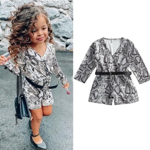 1-6Y Fashion Casual Infant Kids Girls Rompers Pants Snakeskin Print Long Sleeve V Neck Belt Jumpsuits Overalls