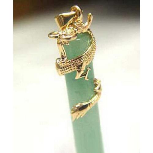 Plated Dragon Coil Natural Light Green Jade Pillar Pendant Necklace