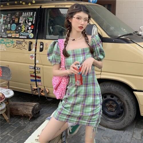 French Plaid Square Collar Puffy Sleeve Short-sleeved Dress Female Summer New Style Korean High-waist Short Skirt Trend