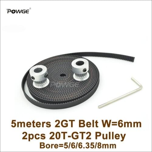 POWGE 2pcs 20 Teeth GT2 Timing Pulley Bore 5/6/6.35/8mm + 5M GT2 Timing Belt Width 6mm 20Teeth 20T 2GT Pulley 3D Printer Parts