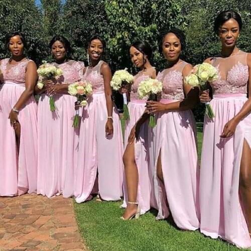 Pink Lace Applique Sexy hot A Line Long Bridesmaid Dresses Maid Of Honor For Wedding Party With Train plus size maxi 2-26w Split